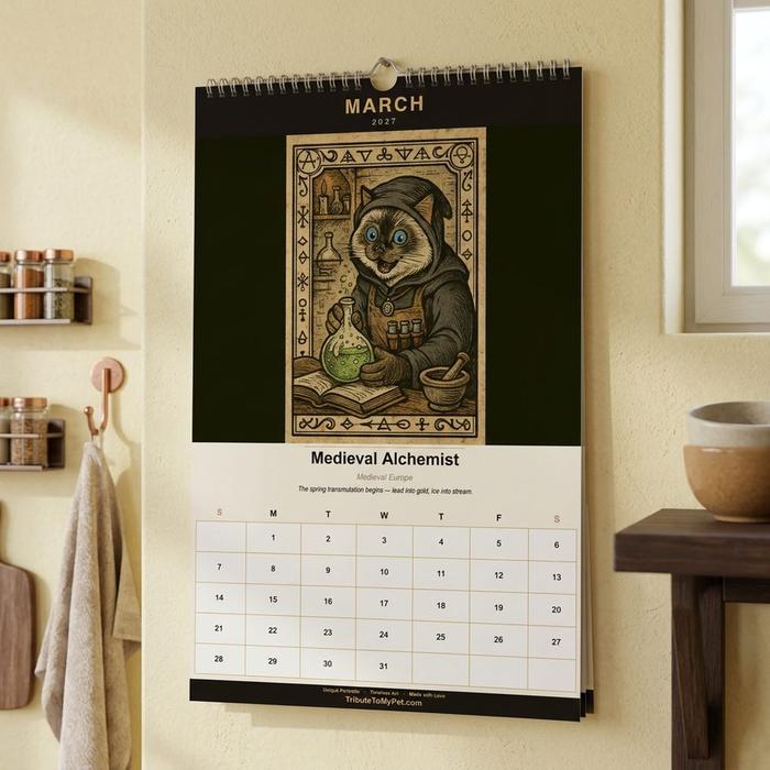 Wall calendar open to March showing a Medieval Alchemist pet portrait