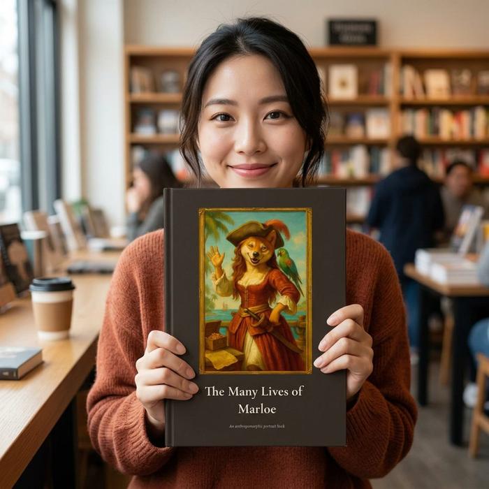Woman in a cafe holding a hardcover pet portrait book titled The Many Lives of Marloe