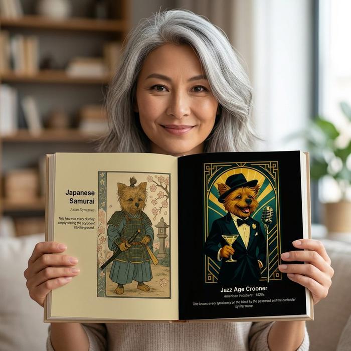 Woman holding an open portrait book showing samurai and jazz age spreads