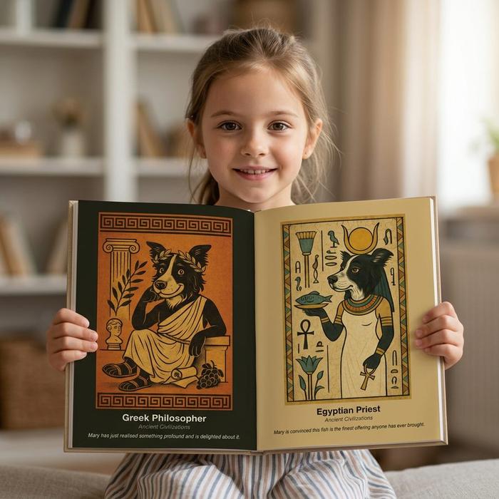 Girl holding an open portrait book showing Greek philosopher and Egyptian priest