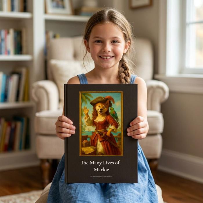 Girl holding a hardcover pet portrait book titled The Many Lives of Marloe