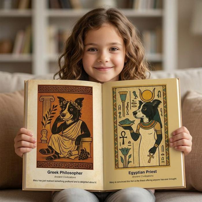 Girl holding an open portrait book featuring Greek philosopher and Egyptian priest spreads