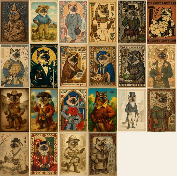 A 6 by 4 grid of 22 illustrated pet portraits across different eras and cultures