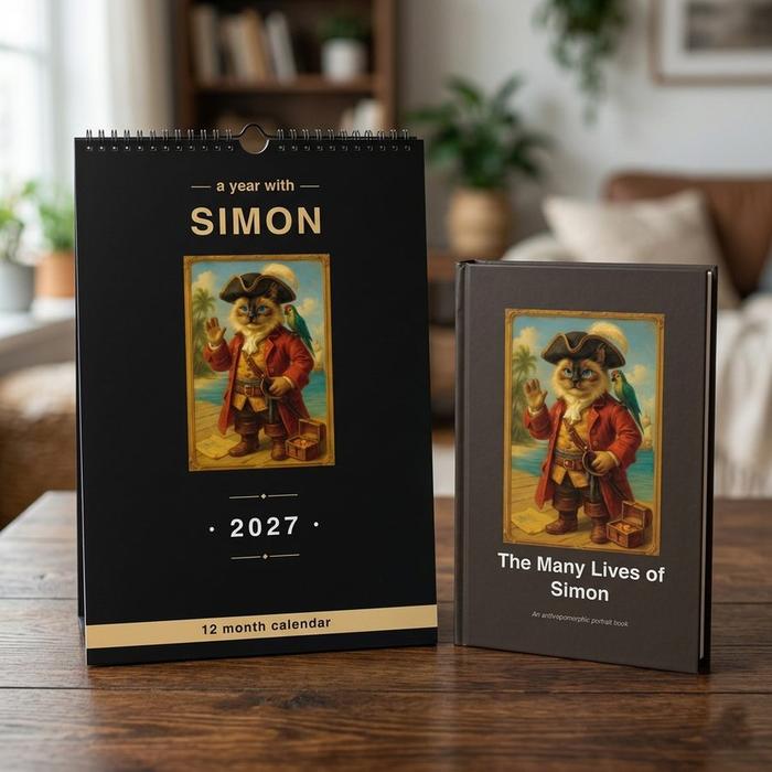 A Year With Simon wall calendar standing next to the Many Lives of Simon hardcover book on a wooden table
