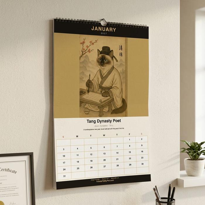 Wall calendar in an office showing a Tang Dynasty Poet pet portrait for January