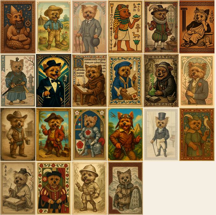 A 6 by 4 grid of 22 illustrated Toto portraits across different eras and cultures
