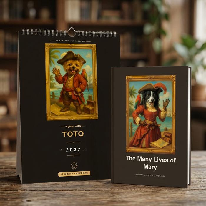 Wall calendar and hardcover portrait book displayed together on a wooden table