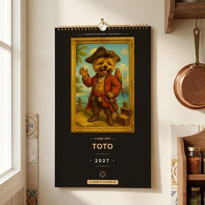 Wall calendar of Toto the pirate hanging in a kitchen